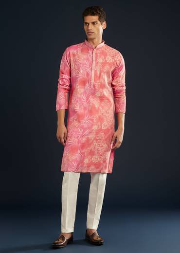 Pink Floral Print Art Silk Kurta and Pant Set