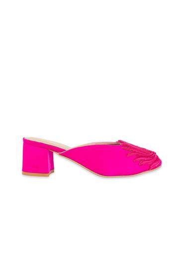 Pink Fuschia Satin Lotus Motif Heel Mules