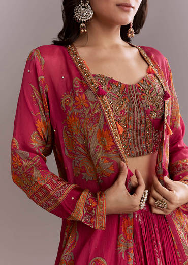Pink Georgette Crop Top And Printed Skirt Set With Intricate Embroidery
