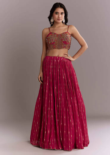 Pink Georgette Crop Top And Printed Skirt Set With Intricate Embroidery