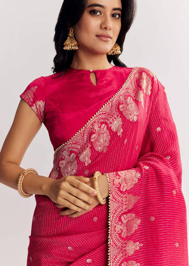 Pink Georgette Lurex Saree With Brocade Butti And Gota Patti Border