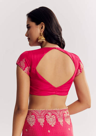 Pink Georgette Lurex Saree With Brocade Butti And Gota Patti Border