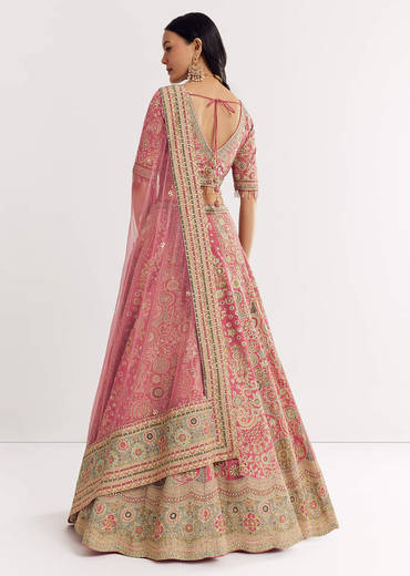 Pink Georgette Printed Cutdana Stonework Lehenga With Net Dupatta