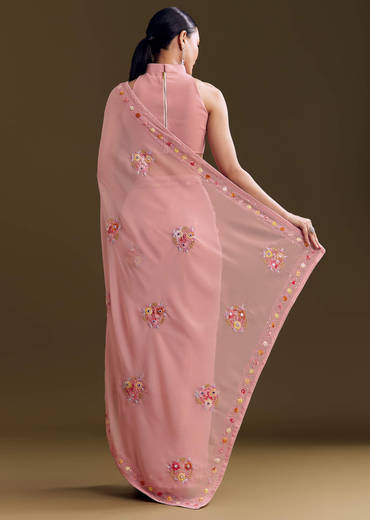 Pink Georgette Saree With All Over Kashmiri Bud Work
