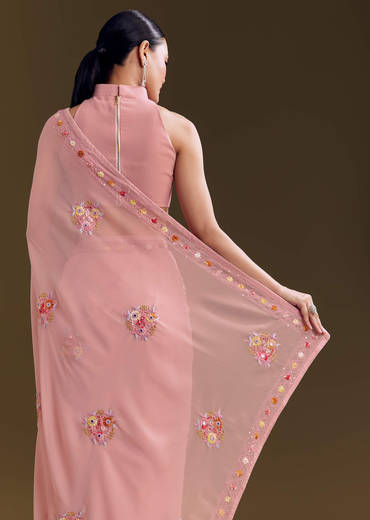 Pink Georgette Saree With All Over Kashmiri Bud Work