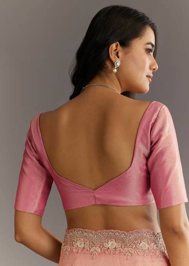 Pink Glass Tissue Sareee With Embroidered Scallop Border