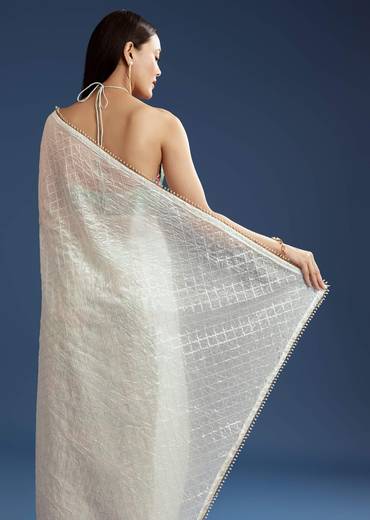 White Green Glass Tissue Sequin Embroidered Saree With Contrast Blouse