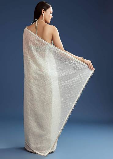 White Green Glass Tissue Sequin Embroidered Saree With Contrast Blouse