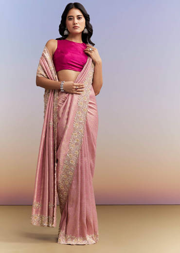 Pink Jacquard Tissue Saree With Heavy Hand Embroidery