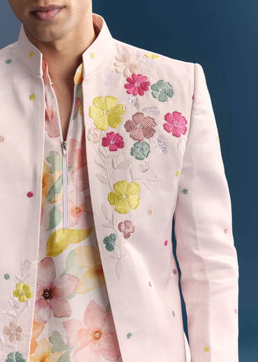 Pink Jodhpuri Suit For Men With Floral Print And Embroidery