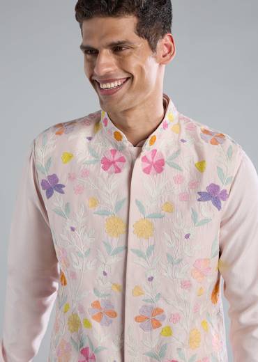 Pink Kurta Jacket Set With Dori Work Detailing