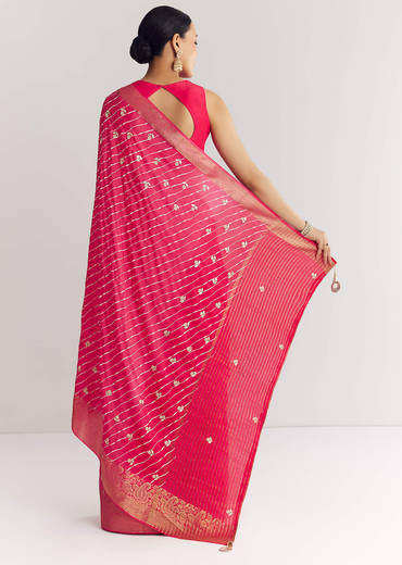 Pink Leheriya Printed Saree With Floral Embroidery