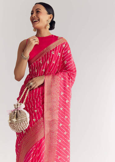 Pink Leheriya Printed Saree With Floral Embroidery
