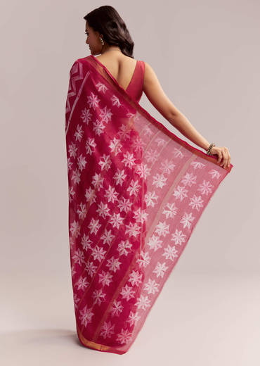 Pink Linen Printed Saree With Authentic Shibori Print