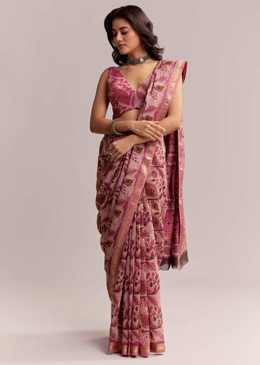 Pink Linen Printed Saree With Traditional Ajrakh Hand Block Print