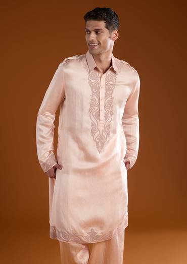 Pink Linen Satin Mens Kurta Pant Set