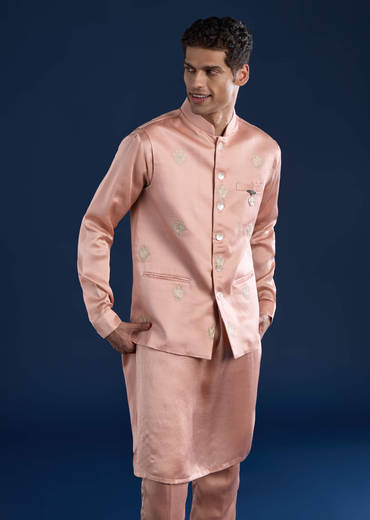 Pink Linen Silk Jacket Kurta Set with Zari Work