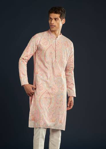 Pink Mens Kurta Set with Resham Thread Embroidery