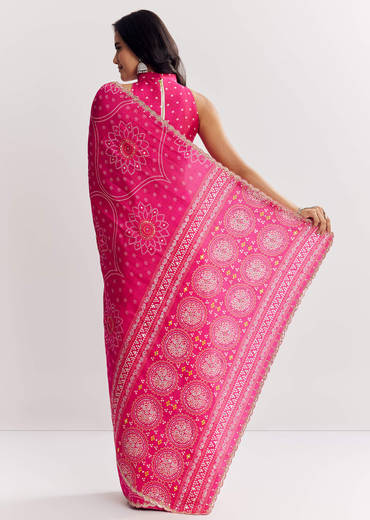 Pink Muslin Bandhani Printed Saree With Zari And Mirror Embroidery