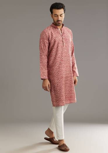 Pink Muslin Kurta Set With Symmetric Prints