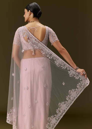 Pink Net Saree With All Over Embroidery