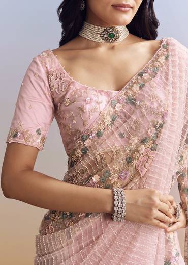Pink Net Saree With Pastel Floral Embroidery And Resham Detailing