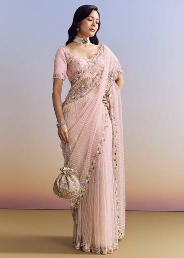 Pink Net Saree With Pastel Floral Embroidery And Resham Detailing