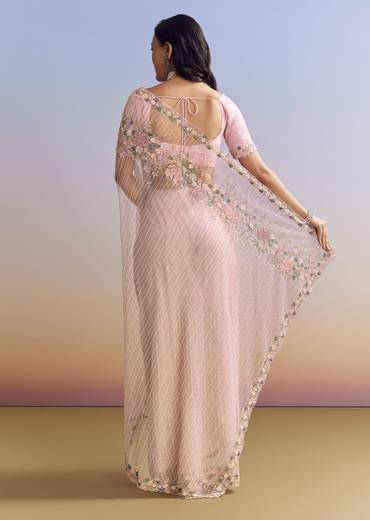 Pink Net Saree With Pastel Floral Embroidery And Resham Detailing