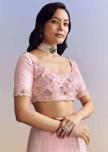 Pink Net Saree With Pastel Floral Embroidery And Resham Detailing