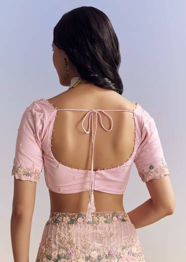 Pink Net Saree With Pastel Floral Embroidery And Resham Detailing