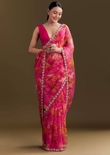 Pink Organza Floral Saree With Embellished Border