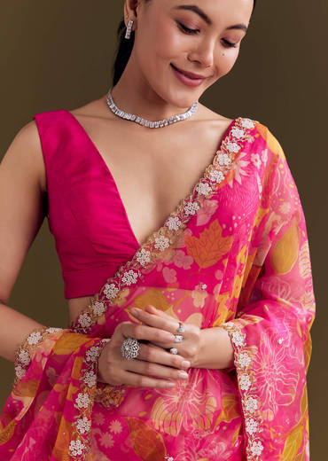 Pink Organza Floral Saree With Embellished Border