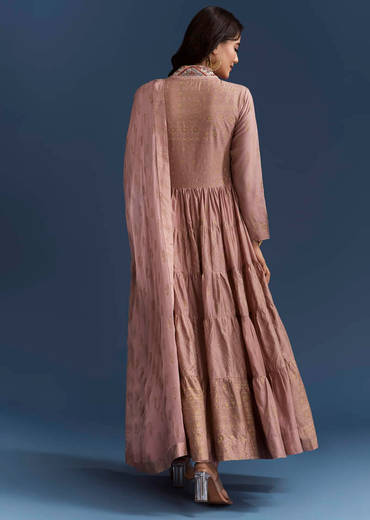 Pink Printed Chanderi Anarkali Set With Thread Work