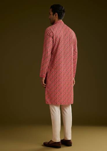 Pink Printed Kurta Set In Silk