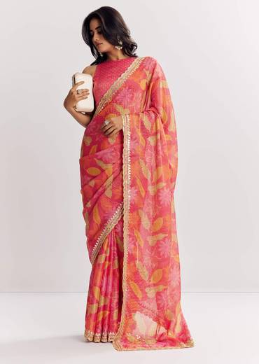 Pink Printed Tissue Lurex Saree With Zari Mirror And Cutdana Embroidery