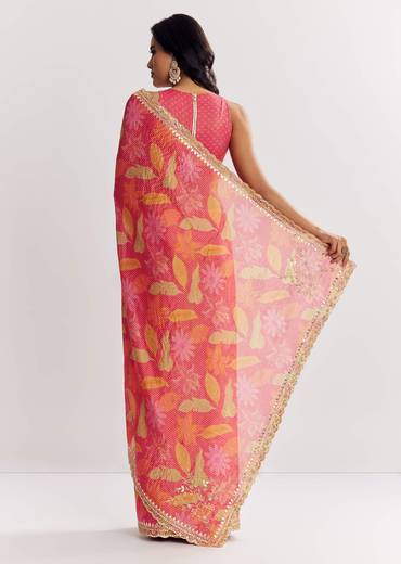 Pink Printed Tissue Lurex Saree With Zari Mirror And Cutdana Embroidery