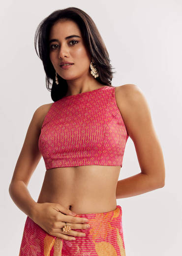 Pink Printed Tissue Lurex Saree With Zari Mirror And Cutdana Embroidery