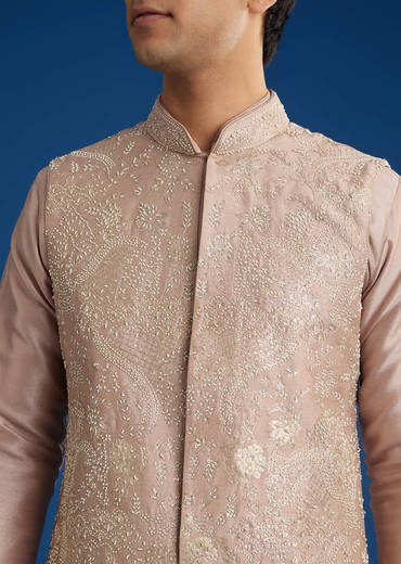 Pink Rawsilk Jacket Kurta Set With Zari Sequins And Cut Dana