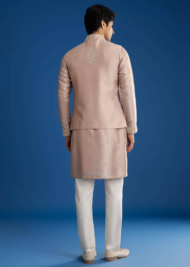 Pink Rawsilk Jacket Kurta Set With Zari Sequins And Cut Dana