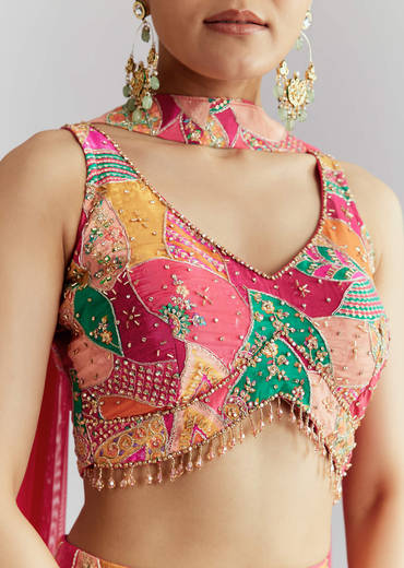 Pink Satin Crop Top Palazzo Pant Set With Heavy Embroidery