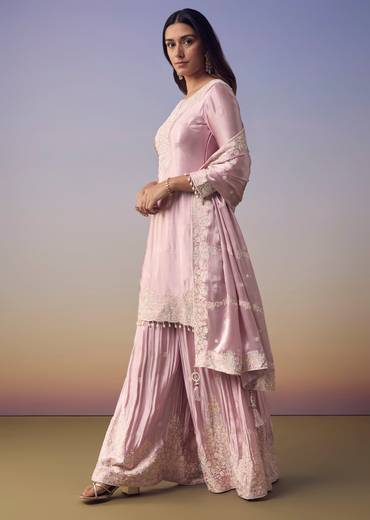 Pink Satin Embroidered Kurta Palazzo Set