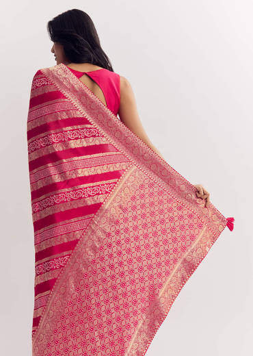 Pink Satin Saree With Zari Vine Design