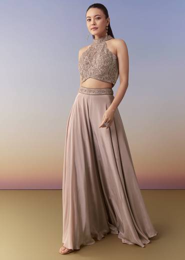 Pink Sequin Embellished Crop Top Palazzo Set