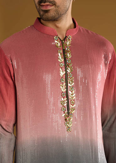 Pink Sequins Kurta Set For Men With Embellishments