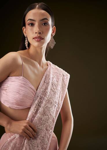 Pink Sequins Saree With Ruched Blouse