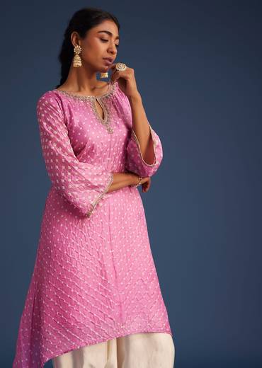 Pink Silk Bandhani Embroidered Asymmetrical Kurta Dhoti Set