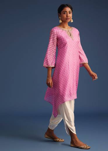 Pink Silk Bandhani Embroidered Asymmetrical Kurta Dhoti Set