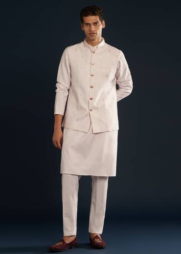 Pink Silk Jacket Kurta Set With Resham Sequins Work