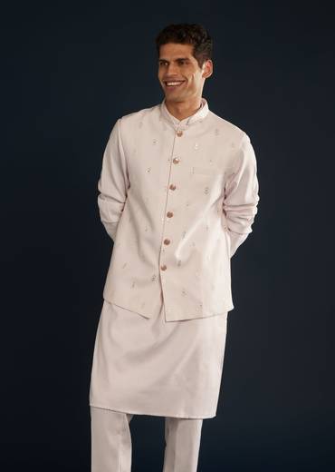 Pink Silk Jacket Kurta Set With Resham Sequins Work