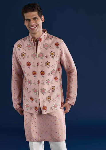 Pink Silk Jacket Kurta Set with Zari Embroidery